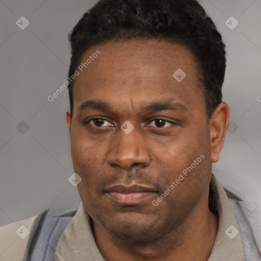 Neutral black adult male with short  black hair and brown eyes