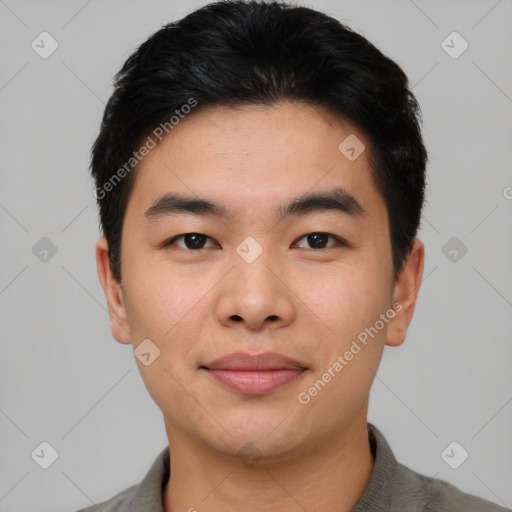 Neutral asian young-adult male with short  black hair and brown eyes