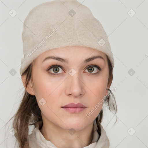 Neutral white young-adult female with medium  brown hair and grey eyes