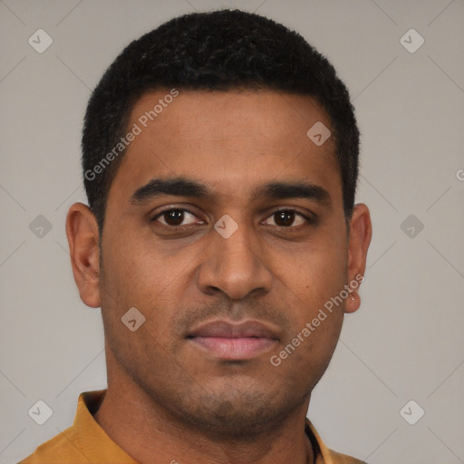 Neutral latino young-adult male with short  brown hair and brown eyes