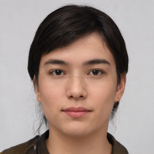 Neutral asian young-adult female with medium  black hair and brown eyes