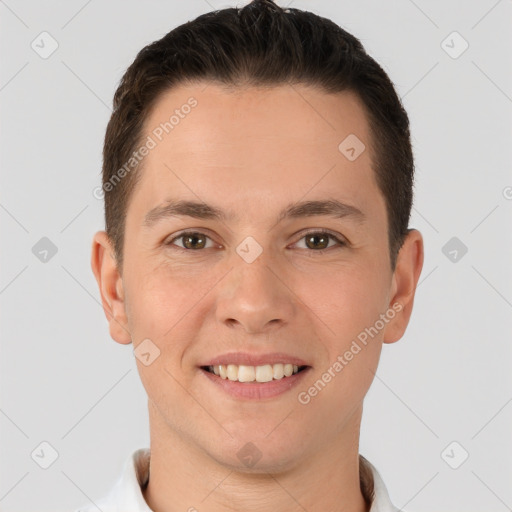 Joyful white young-adult male with short  brown hair and brown eyes