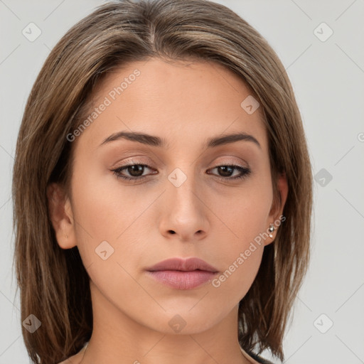 Neutral white young-adult female with medium  brown hair and brown eyes