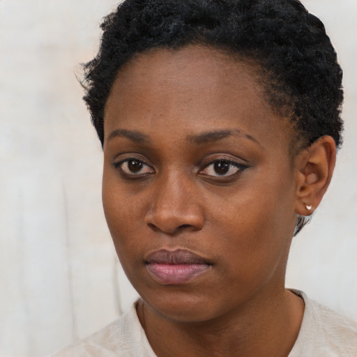 Joyful black young-adult female with short  black hair and brown eyes