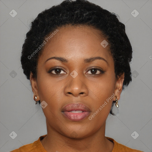 Neutral black young-adult female with short  brown hair and brown eyes