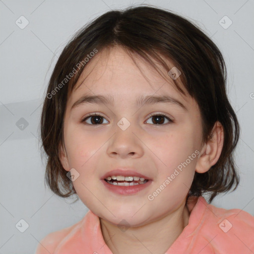 Joyful white child female with medium  brown hair and brown eyes