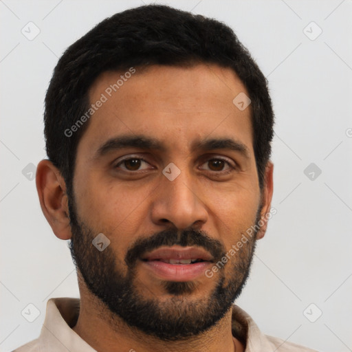Joyful latino young-adult male with short  black hair and brown eyes