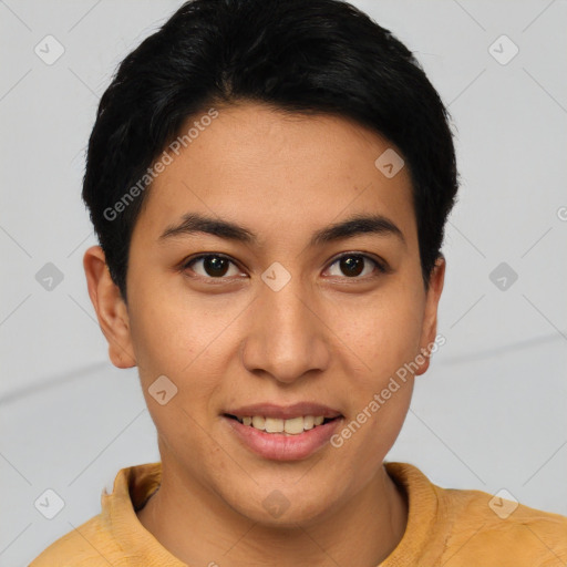 Joyful latino young-adult female with short  brown hair and brown eyes