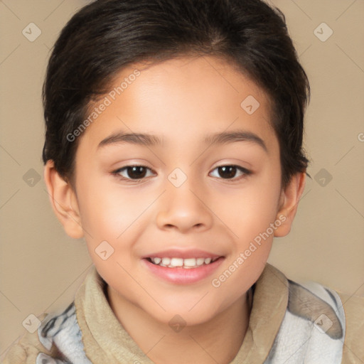 Joyful white child female with short  brown hair and brown eyes