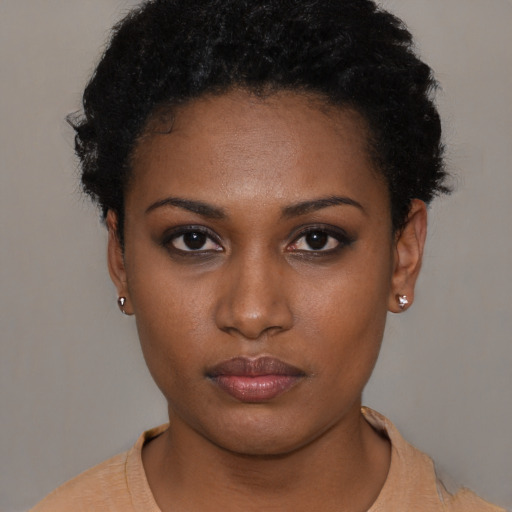 Neutral black young-adult female with short  black hair and brown eyes