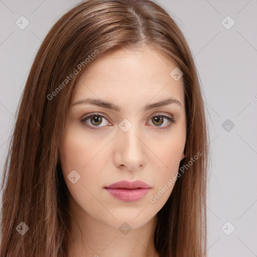 Neutral white young-adult female with long  brown hair and brown eyes