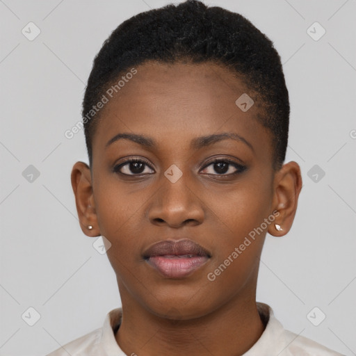 Neutral black young-adult female with short  black hair and brown eyes