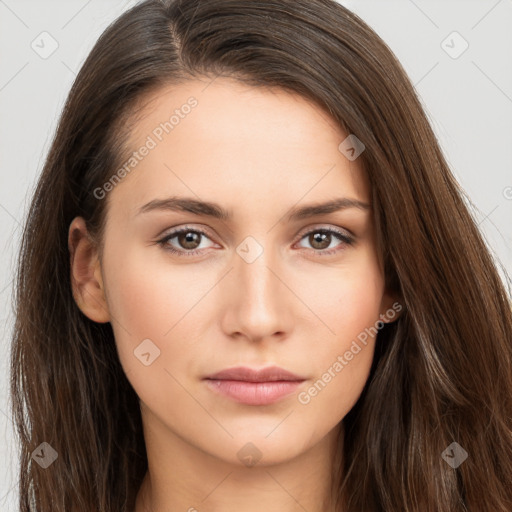 Neutral white young-adult female with long  brown hair and brown eyes