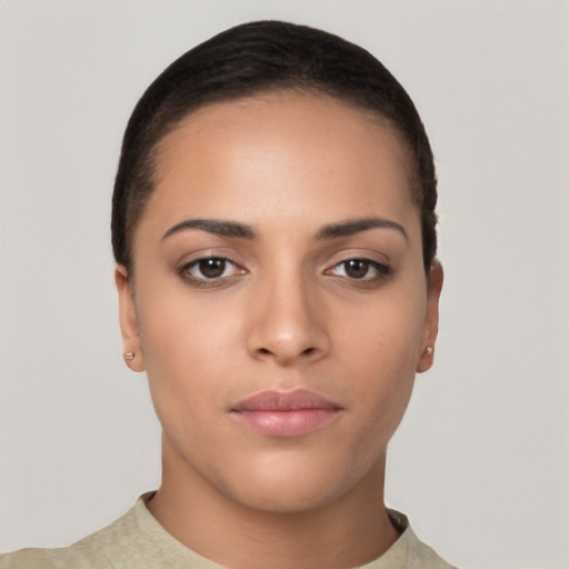 Neutral latino young-adult female with short  brown hair and brown eyes