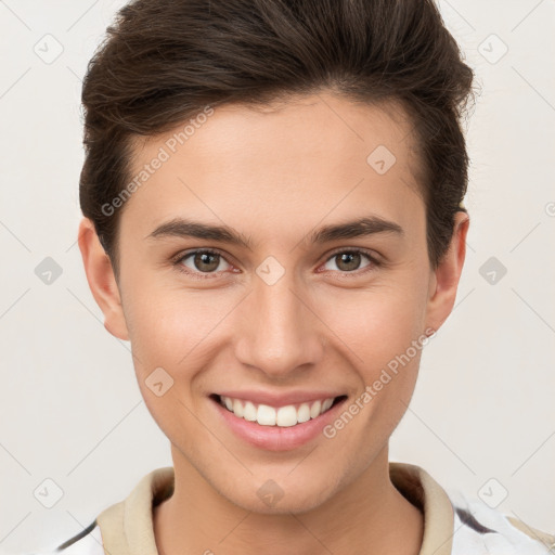 Joyful white young-adult female with short  brown hair and brown eyes