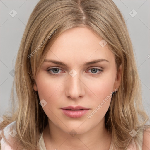 Neutral white young-adult female with medium  brown hair and grey eyes