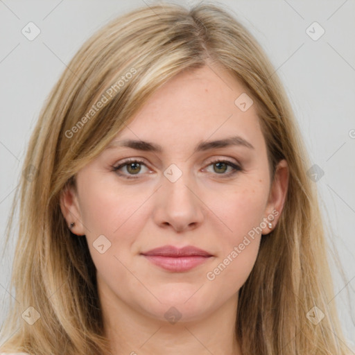 Joyful white young-adult female with long  brown hair and brown eyes