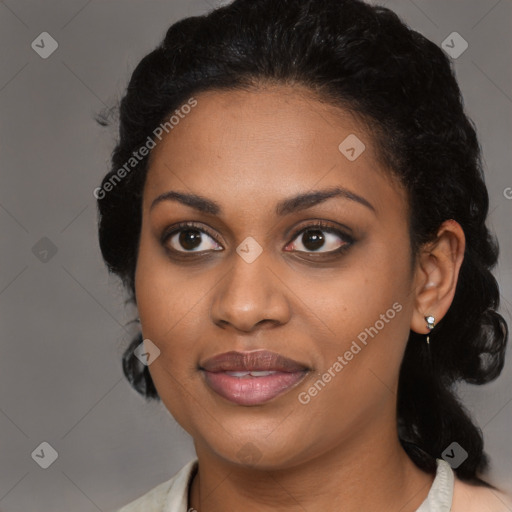 Joyful black young-adult female with medium  black hair and brown eyes