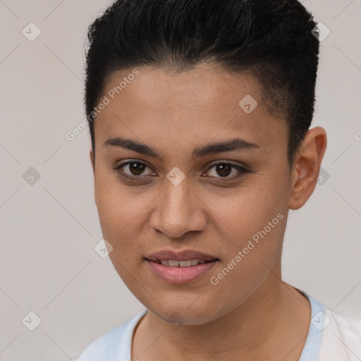 Joyful white young-adult female with short  brown hair and brown eyes