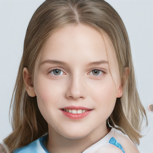 Joyful white child female with medium  brown hair and grey eyes