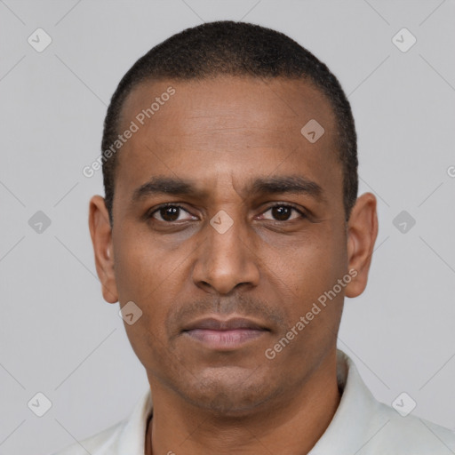 Neutral black young-adult male with short  black hair and brown eyes