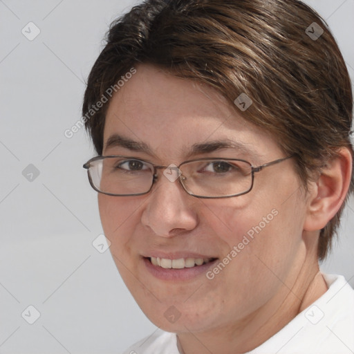 Joyful white adult female with medium  brown hair and brown eyes