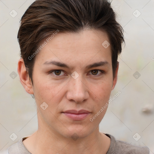 Joyful white young-adult female with short  brown hair and grey eyes