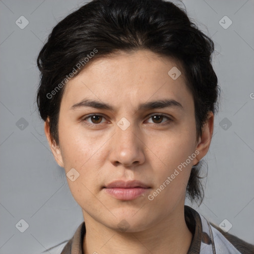 Neutral white young-adult female with medium  brown hair and brown eyes
