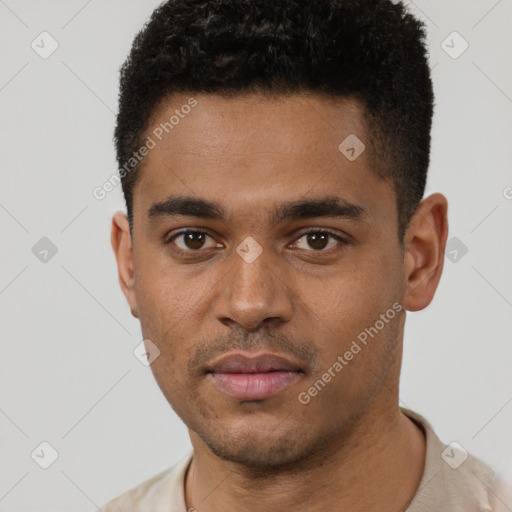 Neutral black young-adult male with short  brown hair and brown eyes