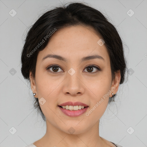 Joyful asian young-adult female with medium  brown hair and brown eyes