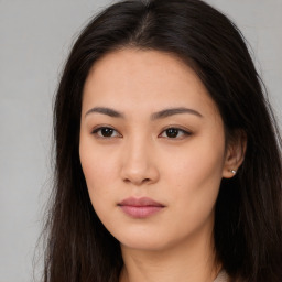 Neutral asian young-adult female with long  brown hair and brown eyes