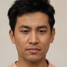 Neutral asian young-adult male with short  black hair and brown eyes