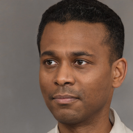 Neutral black young-adult male with short  black hair and brown eyes