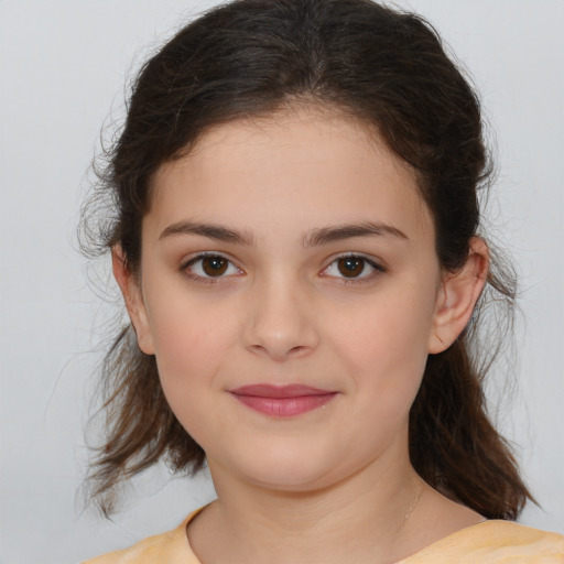 Joyful white child female with medium  brown hair and brown eyes