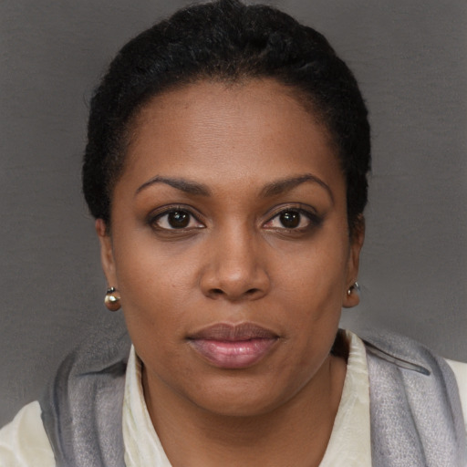 Joyful black young-adult female with short  brown hair and brown eyes