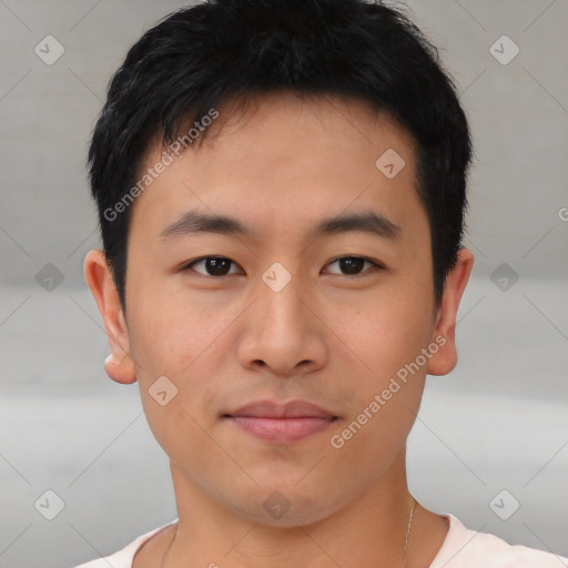 Neutral asian young-adult male with short  black hair and brown eyes