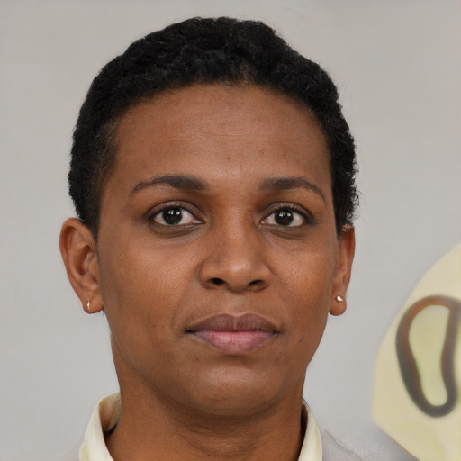 Neutral black young-adult female with short  brown hair and brown eyes