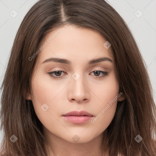 Neutral white young-adult female with long  brown hair and brown eyes