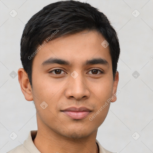 Neutral latino young-adult male with short  black hair and brown eyes