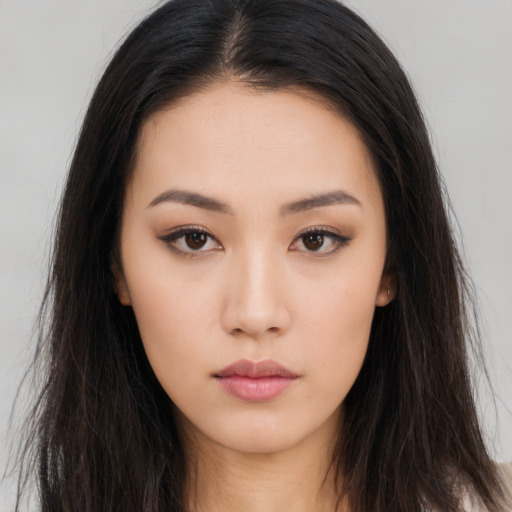 Neutral asian young-adult female with long  brown hair and brown eyes