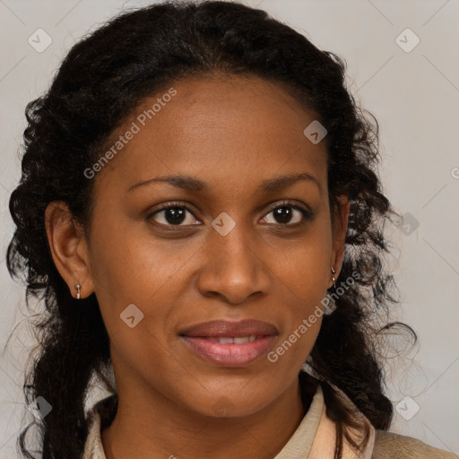 Joyful black young-adult female with medium  brown hair and brown eyes