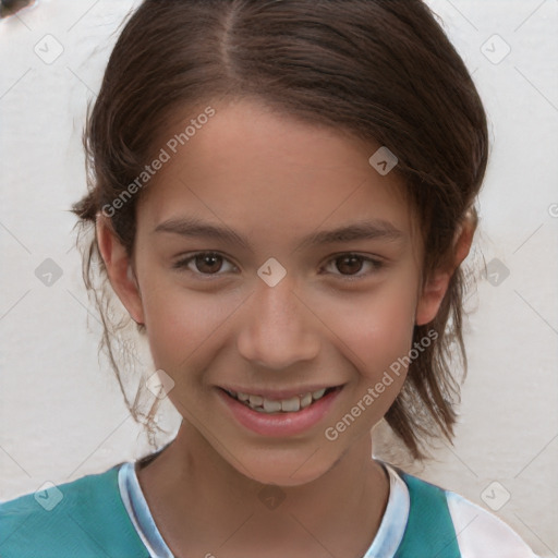 Joyful white child female with medium  brown hair and brown eyes