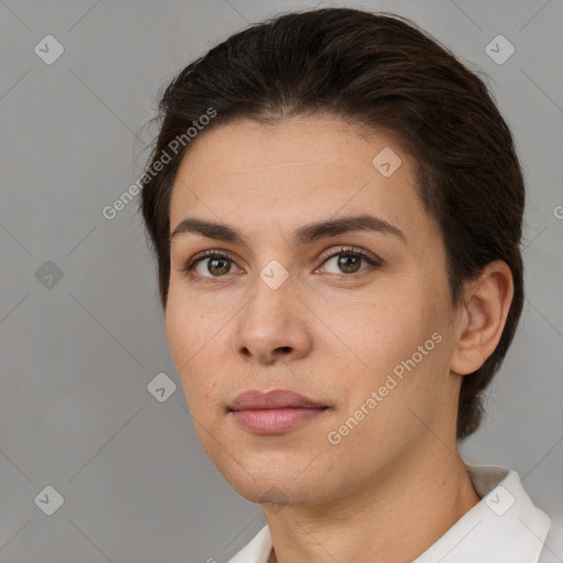 Neutral white young-adult female with short  brown hair and brown eyes