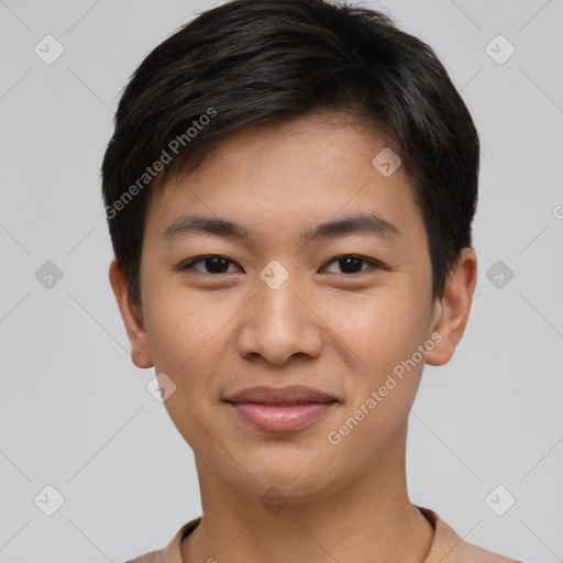 Joyful asian young-adult male with short  brown hair and brown eyes