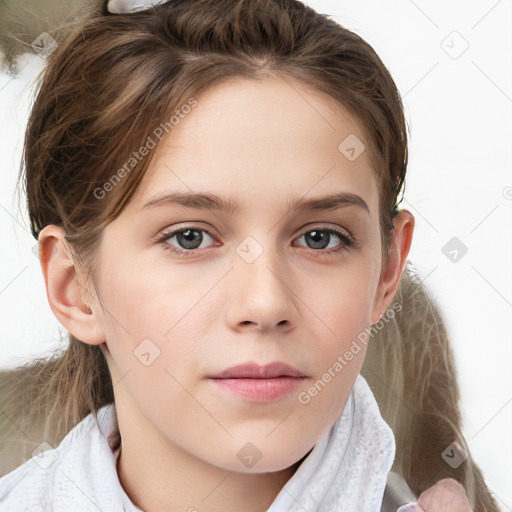 Neutral white young-adult female with medium  brown hair and grey eyes