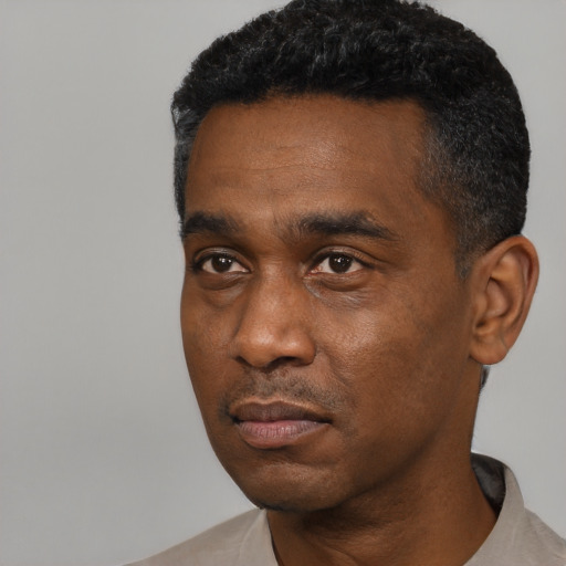 Neutral black young-adult male with short  black hair and brown eyes