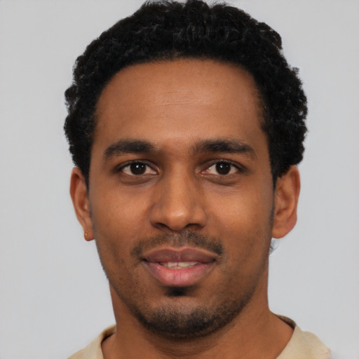 Neutral black young-adult male with short  black hair and brown eyes