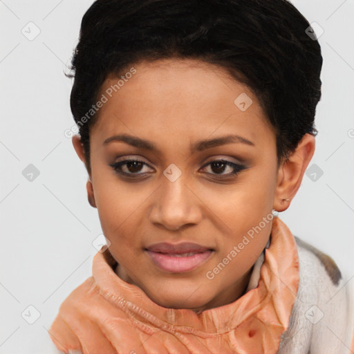 Joyful latino young-adult female with short  brown hair and brown eyes