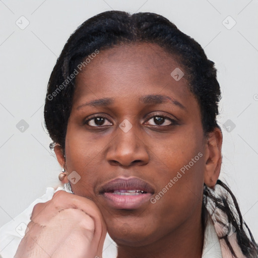 Neutral black young-adult female with short  black hair and brown eyes