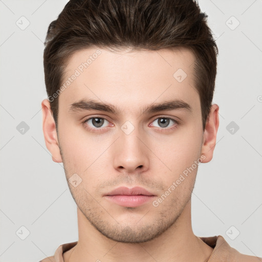 Neutral white young-adult male with short  brown hair and brown eyes